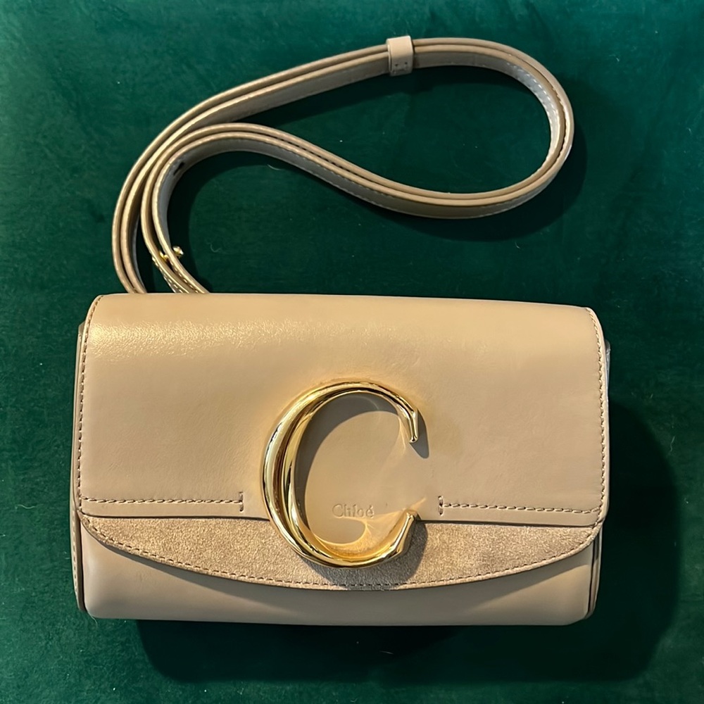 Chloe C Belt leather bag with suede in gray/faun with gold hardware.